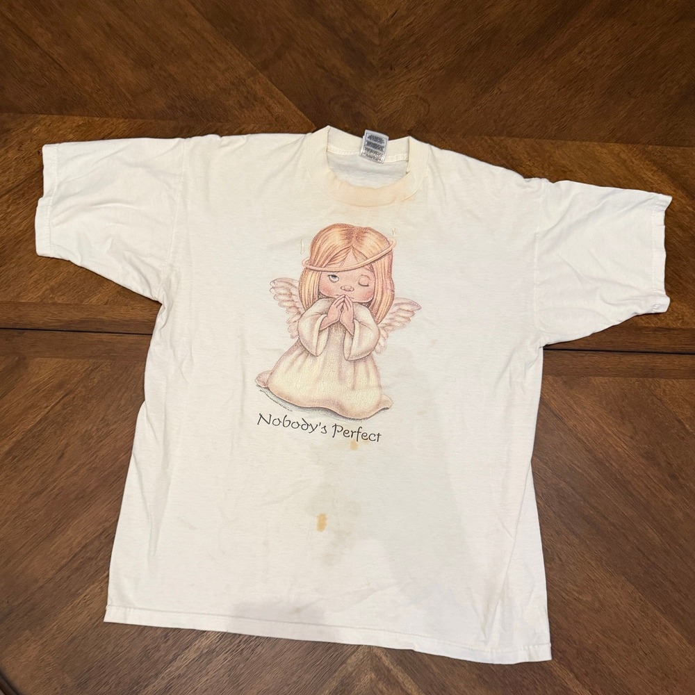 Vintage Fruit of the Loom Best Nobodys Perfect Angel Graphic T-Shirt Large White